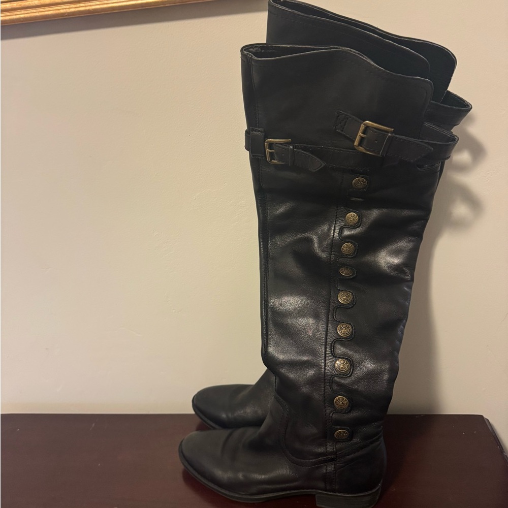 Sam Edelman Black Over-the-Knee Leather Boots with Gold Buttons